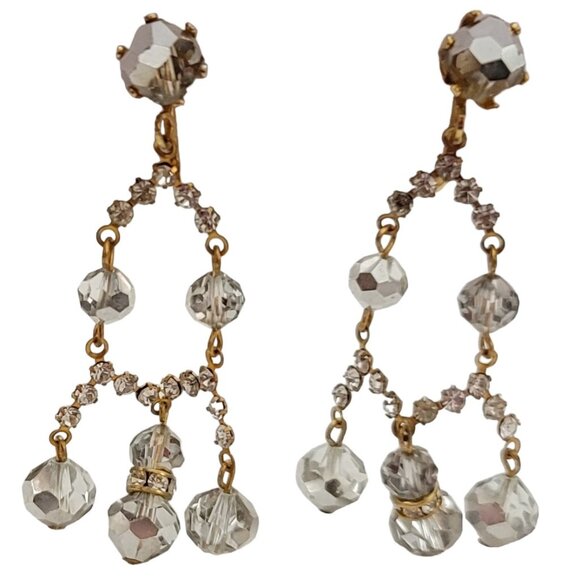 AB Beaded Prong Set Clear Rhinestone Chandelier Clip-On Earrings 2” Long, K130 - Picture 3 of 10